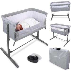 Mobiclinic® kids, Culla da affiancare, 2 in 1, Moon, Cinghie di fissaggio al letto, Regolabile 5 altezze, Borsa trasporto, Ruote, Rete traspirante, Angolo, Base imbottita