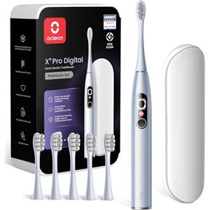 Oclean Spazzolino elettrico X Series Pro Digital Gift Set, 6 Teste di spazzole, Custodia da viaggio, Touch screen intelligente, 3 Modalità, 30 Giorni, IPX7,Argento