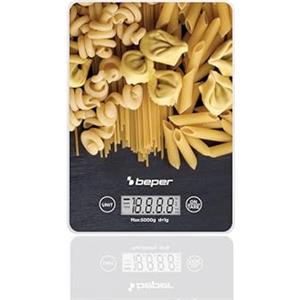BEPER P102BIL003 Bilancia digitale, Piatto in vetro temperato, Bilancia da cucina con display LCD e tasti touch, Funzione tara, Portata massima 5kg, Spegnimento automatico, Fantasia Pasta
