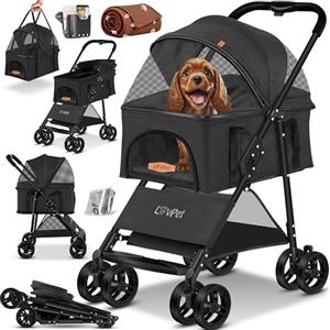 Lovpet Passeggino per cani 2 in 1, pieghevole, fino a 20 kg, con finestre a rete e copertura antipioggia, per cani di piccola taglia, colore: antracite