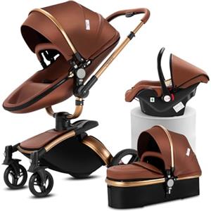 Doraystar 360° Rotazione Pelle PU Passeggino 3 in 1, Passeggino Trio con Design Pieghevole in Un Clic, Trio Passeggino Neonati con Grande Nacelle Comoda, Trio Neonato con Telaio Alluminio (906 Brown)