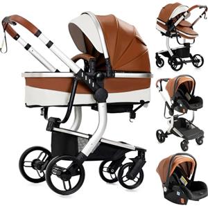 Doraystar Pelle PU Passeggino 3 in 1, Passeggino Trio con Due Modalità di Spinta Reversibile, Trio Passeggino Neonati con Design Pieghevole in Un Clic, Trio Neonato Grande Nacelle Comoda (518 Khaki)