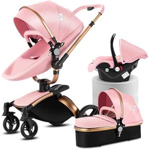 Doraystar 360° Rotazione Pelle PU Passeggino 3 in 1, Passeggino Trio con Design Pieghevole in Un Clic, Trio Passeggino Neonati con Grande Nacelle Comoda, Trio Neonato con Telaio Alluminio (906 Pink)