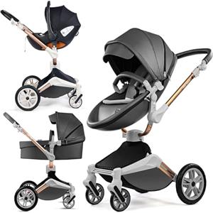 Hot Mom F023-Passeggino 3 in 1, rotazione a 360° passeggino trio per bambini,Portabicchieri/Zanzariera/copripioggia/Pneumatici grandi(Darkgray3in1)