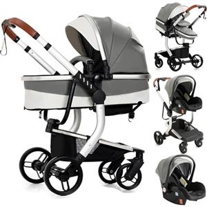 Doraystar Pelle PU Passeggino 3 in 1, Passeggino Trio con Due Modalità di Spinta Reversibile, Trio Passeggino Neonati con Design Pieghevole in Un Clic, Trio Neonato Grande Nacelle Comoda (518 Grey)