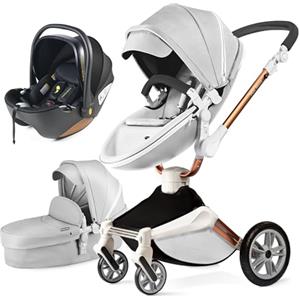 Hot Mom F023-Passeggino 3 in 1, rotazione a 360° passeggino trio per bambini,Portabicchieri/Zanzariera/copripioggia/Pneumatici grandi (F023-grigio-3)