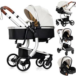 Doraystar Pelle PU Passeggino 3 in 1, Passeggino Trio con Due Modalità di Spinta Reversibile, Trio Passeggino Neonati con Design Pieghevole in Un Clic, Trio Neonato Grande Nacelle Comoda (518 White)