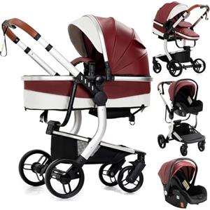 Doraystar Pelle PU Passeggino 3 in 1, Passeggino Trio con Due Modalità di Spinta Reversibile, Trio Passeggino Neonati con Design Pieghevole in Un Clic, Trio Neonato Grande Nacelle Comoda (518 Red)