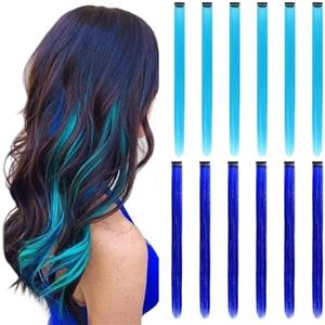 REDMENCO Extension Capelli Colorati con clip, Blu 12 pezzi 22 pollici Lungo Dritto, Sintetiche Resistenti al Calore, per Bambini Ragazze Donne Feste Halloween(6 pezzi blu + 6 pezzi blu verde acqua)