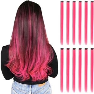 REDMENCO Extension Capelli Colorati con clip, Rosa Caldo 12 pezzi 22 pollici Lungo Dritto, Sintetiche Resistenti al Calore, per Bambini Ragazze Donne Festival Feste Halloween Cosplay