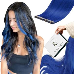 RUNATURE Extension Capelli Veri Biadesivo Blu 30cm 10 Pezzi 20g InvisibilE Extension Biadesive Capelli Veri Lisci #Blue