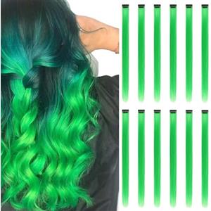 REDMENCO Extension Capelli Colorati con clip, Verde 12 pezzi 22 pollici Lungo Dritto, Sintetiche Resistenti al Calore, per Bambini Ragazze Donne Festival Feste Halloween Cosplay