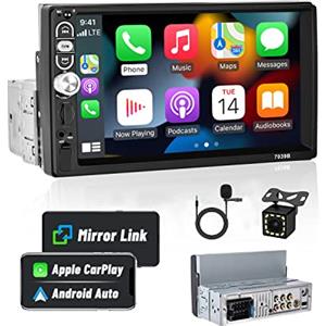 Hikity Autoradio 1 Din CarPlay Android Auto Stereo Auto con 7 Pollici Schermo HD Touchscreen Radio 1 DIN Bluetooth Auto con USB FM TF SWC Mirror Link (Retrocamera Inclusa)