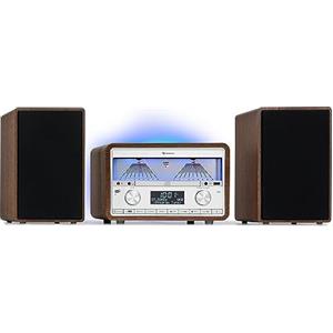 Auna Radio Portatile, Radio DAB con Bluetooth e Lettore CD, Radio FM/DAB/DAB+ Digitale, Sistema Stereo AUX, Micro Stereo Rimovibile da 25W, Display LCD, USB, MP3 e Streaming, Radio Vintage in Legno