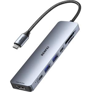 BENFEI 7-in-1 Hub USB C con HDMI 4K@60Hz, 2 USB-A, 1 USB-C dati, carica da 100W, lettore di schede SD/TF [cavo anti-groviglio in silicone] per MacBook Pro/Air, iPad Pro, iMac, iPhone 15 Pro/Pro Max