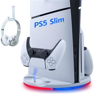 Wigearss Supporto Verticale PS5 Slim con Doppio Caricatore Controller, Base di Ricarica Joystick PS5 con Illuminazione RGB per PS5 Slim DE/UHD, Non per PS5/PS5 Pro