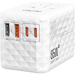 LENCENT 65W Adattatore Universale da Viaggio, Adattatore Presa con 2 USB-A & 3 USB-C, Caricatore Alimentazione Rapida per Telefono Cellulare, Laptop, Spina Internazionale per UK, EU, AUS, USA -Bianco