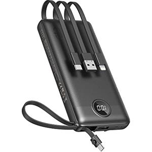 VEEKTOMX Power Bank 10000mAh Powerbank con Cavi Integrati Caricatore Portatile USB C Batteria Esterna con 5 Uscite e 2 Ingressi Compatibile con iPhone Samsung Huawei Xiaomi iPad Switch (Nero)