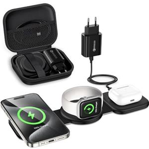 seacosmo Caricatore Wireless 3 in 1, Magnetico Pieghevole Caricabatterie Senza Fili Ricarica Compatibile con iPhone 15/14/13/12/Pro/Max/Plus, Stazione di Ricarica per Apple Watch S9/8/7/6/5/4, AirPods