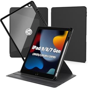 CACOE Cover Custodia Compatibile con iPad 9a Generazione 2021/iPad 8a Gen 2020/iPad 7a Gen 2019 con Portapenne Protezione con Rotazione a 360 Gradi Supporto Cover Chiaro Retro (Nero)