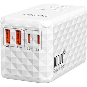 LENCENT Gan III 100W Adattatore Universale, Caricatore Internazionale 2 USB-A e 2 USB-C, Adattatore da Viaggio, Presa Alimentazione a Ricarica Rapida per Tablet, Laptop, Spina di A/C/G/I, Bianco
