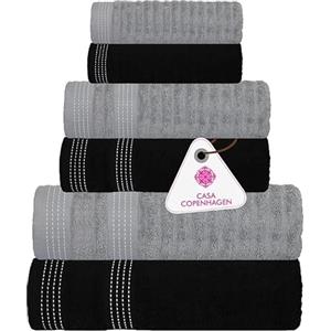 CASA COPENHAGEN Elegance Set Asciugamani 6 Pezzi, Grigio Viola + Nero, 550 g/m² 2 Asciugamani da Bagno, 2 Asciugamani, 2 Panni in Morbido Cotone Egiziano per Bagno, Cucina e Doccia