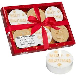 DECO EXPRESS Lumini Candele Natalizie Set, Pacco da 6, 12 o 15 con 2,5, 3 o 6 Ore Non profumato, Decorazioni Natale (Bianco/Oro Set da 6)