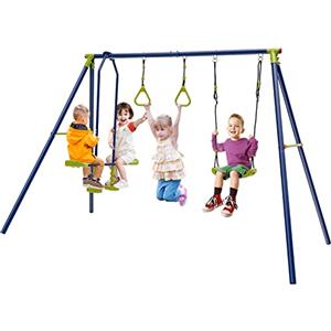 COSTWAY Set Altalene da Giardino per Bambini, Altalena 3 in 1 con Supporto in Metallo, Altalena a Doppio, Anelli da Ginnastica, Capacità 150 kg, per Esterno, 3-10 Anni, 278 x 142 x 177cm