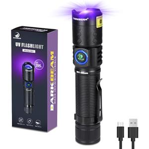 DARKBEAM Torcia UV a luce nera LED 395 NM, torcia a ultravioletti, lampada a legna, ricaricabile USB-C, focalizzabile, resistente all'acqua per rilevare scorpioni e luce in resina UV
