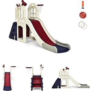 RELAX4LIFE Centro Attività per Bambini, Parco Giochi con Scivolo, Altalena e Canestro, Set di Scivoli per Bambini da Giardino o Cameretta, Età 18 mesi-5 anni (Blu+Beige)