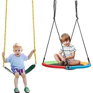 RELAX4LIFE Set di 2 Altalene da Giardino per Bambini, 1 Altalena a Nido e 1 Seggiolino Altalena con Catene,Corde Sospese Regolabili, Solida Connessione, Carico 150 kg