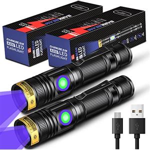 DARKBEAM Torcia UV 365nm Ricaricabile, Lampada di Wood Luce Nera, Ultravioletta Portatile Mini LED Torce con Clip, Rilevatori di macchie di urina per animali domestici, Resina a 370nm, 2 Pezzi