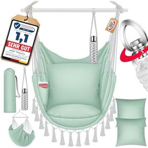 KESSER® Poltrona sospesa Safari XXL per adulti e bambini, amaca fino a 150 kg, per interni ed esterni, con custodia per il trasporto, 2 cuscini, portabibite e scomparto per libri, verde chiaro