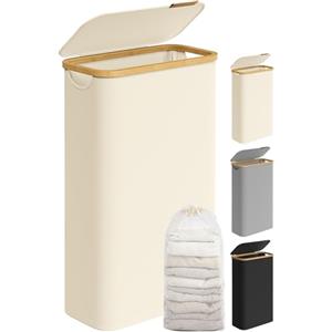 SONGMICS Cesto Portabiancheria con Coperchio, Cesta per Bucato, 65L, Salvaspazio, Sacco Rimovibile, Tessuto Oxford, Manici di Bambù, Pieghevole, 42 x 22,5 x 70,5 cm, Bianco Crema LCB506W01