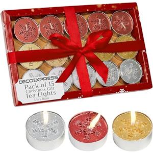 DECO EXPRESS Lumini Candele Natalizie Set, Pacco da 6, 12 o 15 con 2,5, 3 o 6 Ore Non profumato, Decorazioni Natale (Confezione multipla da 15)