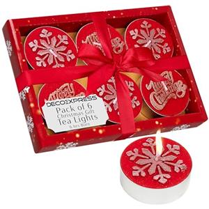 DECO EXPRESS Lumini Candele Natalizie Set, Pacco da 6, 12 o 15 con 2,5, 3 o 6 Ore Non profumato, Decorazioni Natale (Set rosso da 6)