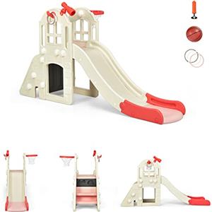 RELAX4LIFE Centro Attività per Bambini, Parco Giochi con Scivolo, Altalena e Canestro, Set di Scivoli per Bambini da Giardino o Cameretta, Età 18 mesi-5 anni (Rosa+Beige)