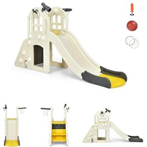 RELAX4LIFE Centro Attività per Bambini, Parco Giochi con Scivolo, Altalena e Canestro, Set di Scivoli per Bambini da Giardino o Cameretta, Età 18 mesi-5 anni (Giallo+Beige)