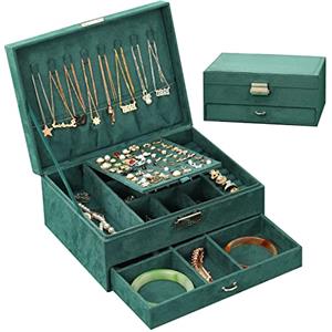 Owelth Porta Gioielli Donna, Cofanetto Portagioie Scatola Porta Gioielli da Viaggio con 2 Strati di Gioielli Serrature a Cassetto per Anelli Bracciali Orecchini Collane Regali(Verde Scuro)