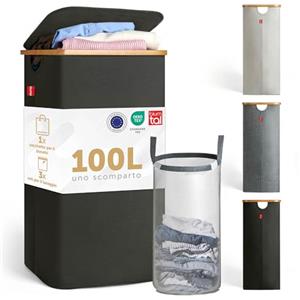 Blumtal® Cesto portabiancheria 1 scomparto 100L - portabiancheria sporca lavabile e igienico con rete rimovibile, cesta biancheria sporca con coperchio + bordo in bambù, cesti biancheria sporca - nero