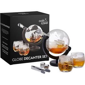 OS Oak & Steel ENGLAND Oak & Steel - Set per Whisky Globo Decanter- 1500 ml - Include Bicchieri, Pietre per Whisky e Tappo in Vetro - Confezione con Design Raffinato