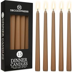 DECO EXPRESS Candele Lunghe Pacco da 6/10/15/50 - Candele 8 Ore Lunga Durata Candele per Candelabro Non profumato (Marrone - Confezione da 15)