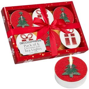 DECO EXPRESS Lumini Candele Natalizie Set, Pacco da 6, 12 o 15 con 2,5, 3 o 6 Ore Non profumato, Decorazioni Natale (Rosso/Bianco Set di 6)
