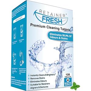 Retainer Fresh Pastiglie detergenti - 120 compresse, pulizia bite, Pulizia dentiere, compresse apparecchi ortodontici, per una luminosa e antimacchia Pulizia Profonda apparecchio