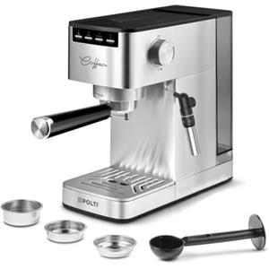 Polti Coffea P10S, Macchina Manuale per Caffè Espresso e Cappuccino, Compatibile con Caffè Macinato e Cialde E.S.E. 44 mm, Montalatte, Serbatoio Removibile da 1,3L, Argento