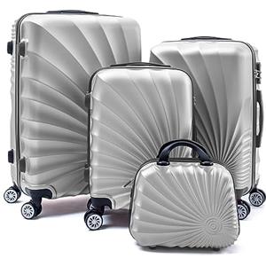 R.Leone Valigia da 1 pezzo Fino a Set 4 Trolley Rigido grande, medio, bagaglio a mano e beauty case 4 ruote in ABS 2092 (Argento, XS Beauty case)