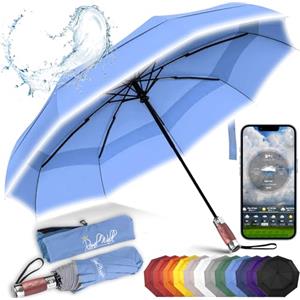 Royal Walk Ombrello tascabile, resistente alle tempeste, automatico, doppio parasole, piccolo e stabile, riflettente, con lussuoso manico in vero legno, per uomo e donna, Blu ardesia, L, Moderno