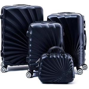 R.Leone Valigia da 1 pezzo Fino a Set 4 Trolley Rigido grande, medio, bagaglio a mano e beauty case 4 ruote in ABS 2092 (Nero, XS Beauty case)
