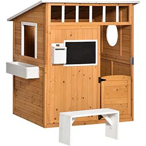 Outsunny Casetta per Bambini in Legno con Porta, Finestre, Panca e Portavasi, Casetta da Gioco per Giardino, 122x108x135.5cm Gialla