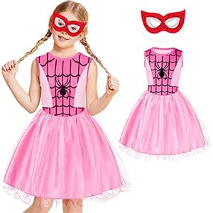 Aomig Costume Supereroe Bambina, Vestito Spider Bambini con Maschere, Costume Cosplay di Halloween Spider Dress per Ragazze, Party Fancy Dress per Natale, Carnevale e Compleanno (140CM)